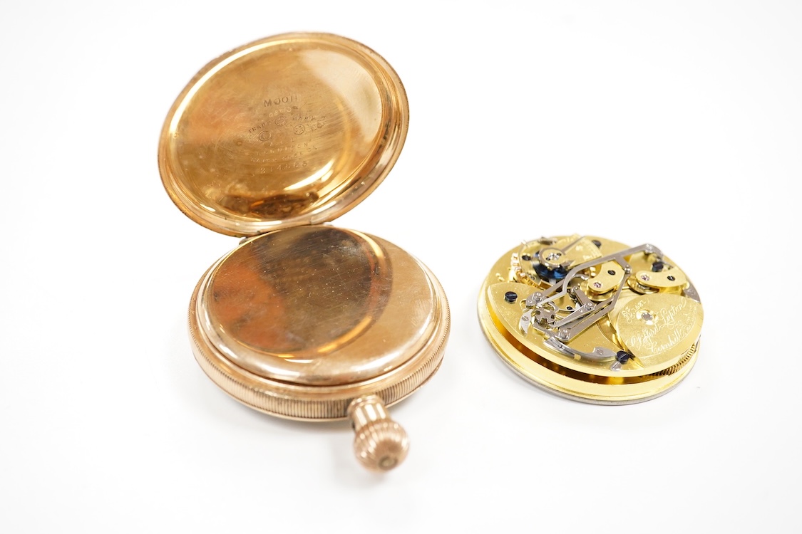 An early 20th century gilt pocket watch and a pocket watch movement, the gilt pocket watch cased by ALD Dennison, numbered 214665, movement numbered 308461, length 6.3cm; together with a pocket watch movement, the white